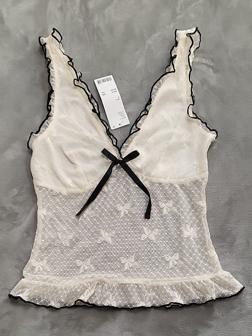 Kimchi Blue Ivory Lace Blouse with Black Trim And Bow / Bow Motif